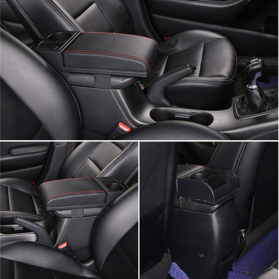 Car Multi-functional Dual USB Armrest Box Booster Pad, Microfiber Leather Straight Type (Black Red)