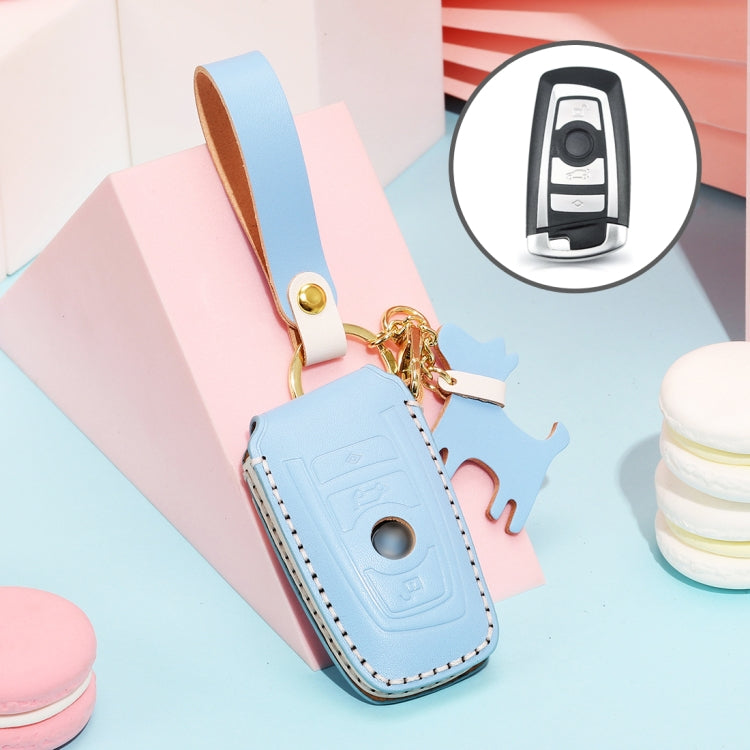 Hallmo Car Female Style Cowhide Leather Key Protective Cover for BMW, A Type(Sky Blue)