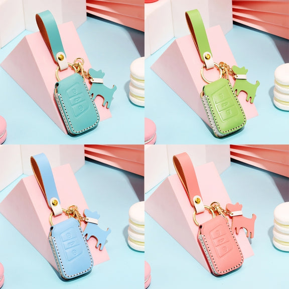 Hallmo Car Female Style Cowhide Leather Key Protective Cover for Volkswagen, A Type(Lake Blue)