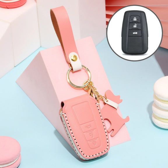 Hallmo Car Female Style Cowhide Leather Key Protective Cover for Toyota(Pink)