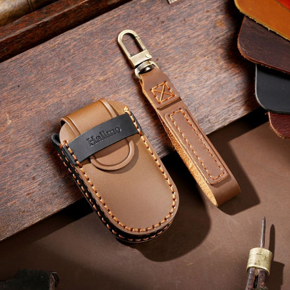 Hallmo Car Genuine Leather Key Protective Cover for Jeep Compass 5-button(Brown)