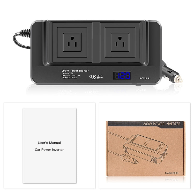 DC12V 200W AC110V Car Smart Multi-functional Digital Display Inverter, US Plug