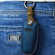For Audi Series Car Cowhide Leather Key Protective Cover Key Case, A Version 2016-2017 (Blue)