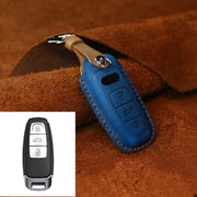 For Audi Series Car Cowhide Leather Key Protective Cover Key Case, C Version 2018 and Above (Blue)