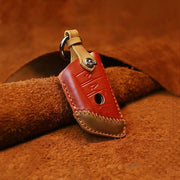 For BMW Blade Style Car Cowhide Leather Key Protective Cover Key Case, Three Keys Version (Red)