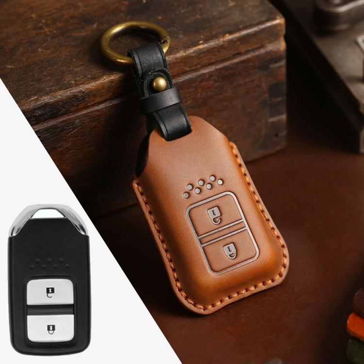 For Honda Car Cowhide Leather Key Protective Cover Key Case, Two Keys Version (Brown)