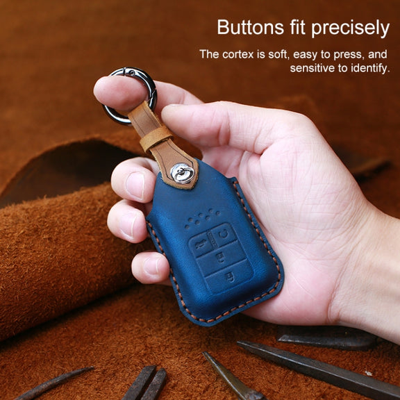For Honda Car Cowhide Leather Key Protective Cover Key Case, Three Keys Tailgate Version (Blue)