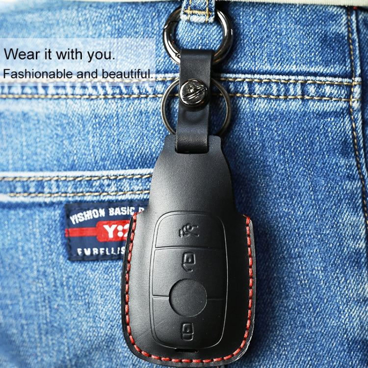 For Mercedes-Benz Colorful Edge Style Car Cowhide Leather Key Protective Cover Key Case (Black)