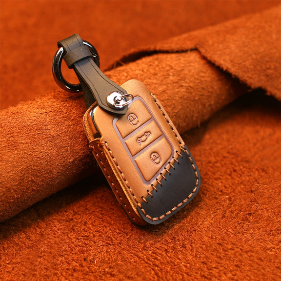 For Volkswagen Car Cowhide Leather Key Protective Cover Key Case, A Version(Brown)