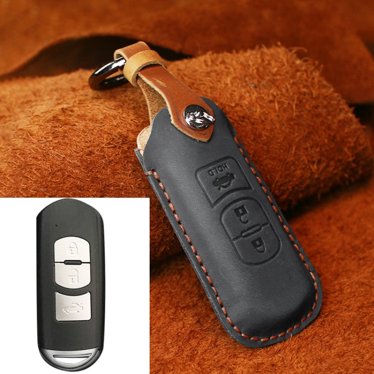 For Mazda Old Style Hallmo Car Cowhide Leather Key Protective Cover Key Case, Three Keys Version(Black)
