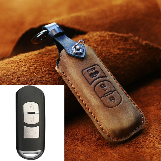 For Mazda Old Style Hallmo Car Cowhide Leather Key Protective Cover Key Case, Three Keys Version(Brown)
