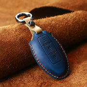 For Nissan Car Cowhide Leather Key Protective Cover Key Case, Three Keys Horizontal Line Version (Blue)