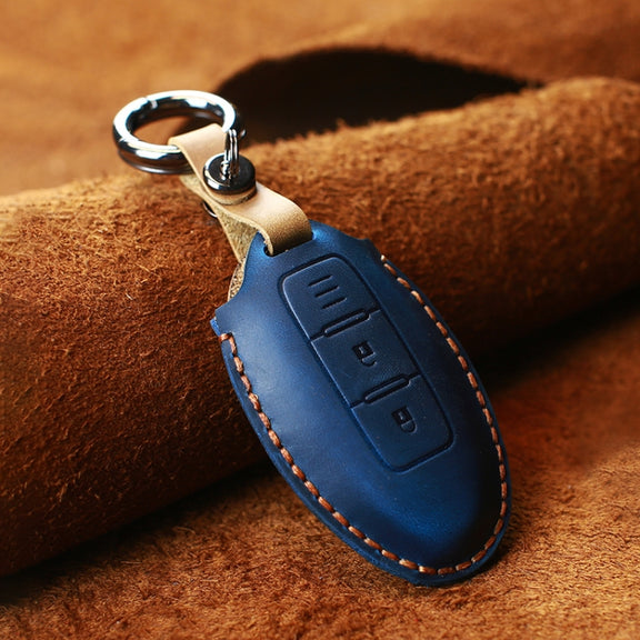 For Nissan Car Cowhide Leather Key Protective Cover Key Case, Three Keys Horizontal Line Version (Blue)