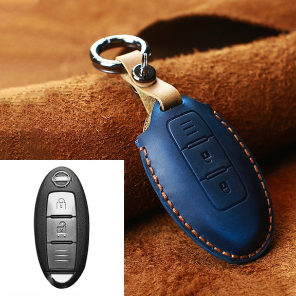 For Nissan Car Cowhide Leather Key Protective Cover Key Case, Three Keys Horizontal Line Version (Blue)