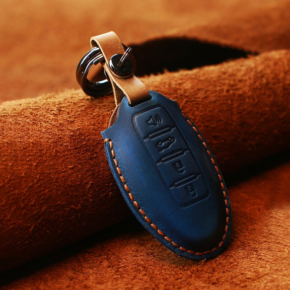 For Nissan Car Cowhide Leather Key Protective Cover Key Case, Four Keys Version (Blue)