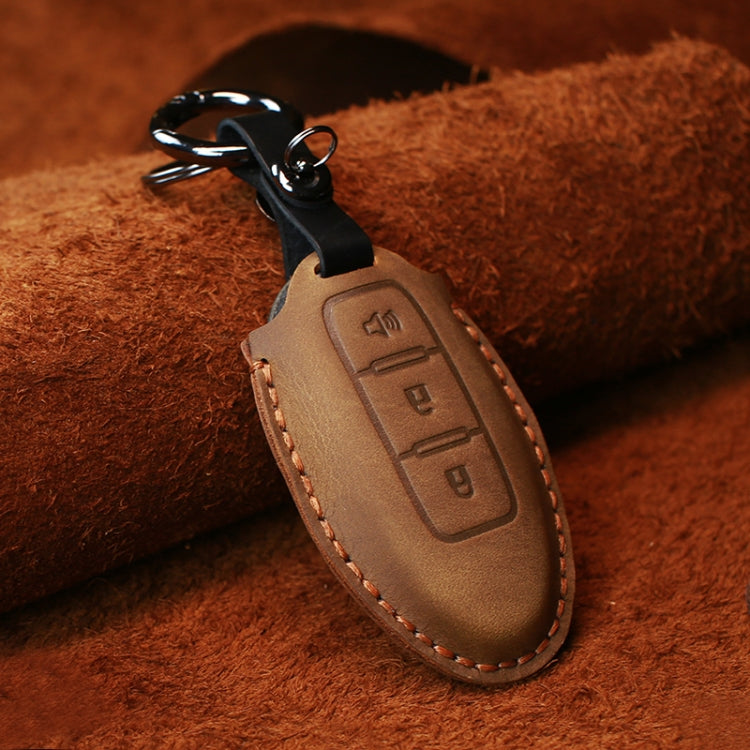 For Nissan Car Cowhide Leather Key Protective Cover Key Case, Three Keys Horn Version (Brown)