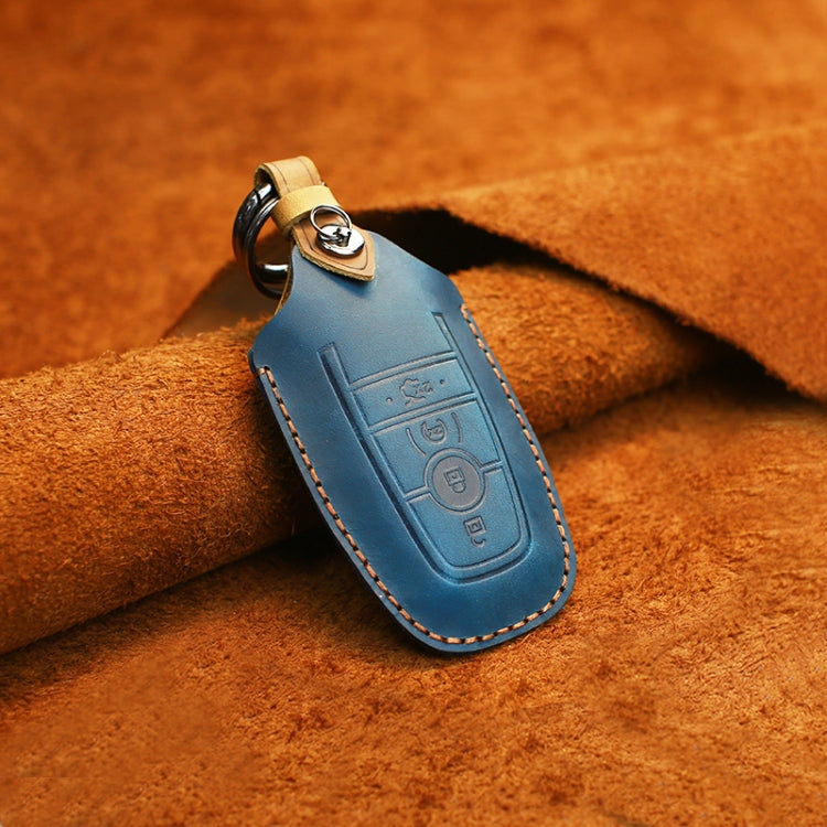 For Ford Car Cowhide Leather Key Protective Cover Key Case, Four Keys Version (Blue)
