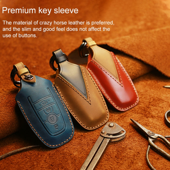 For Ford Car Cowhide Leather Key Protective Cover Key Case, Four Keys Version (Blue)