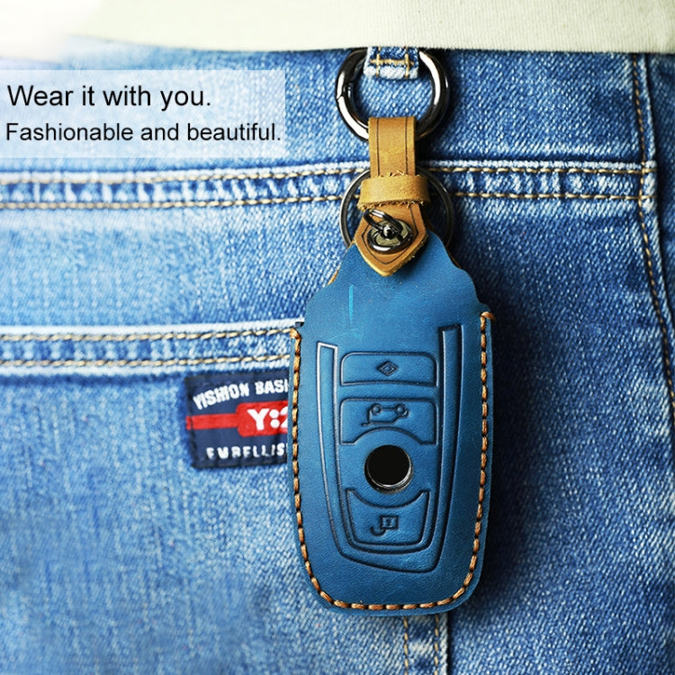 For BMW Old Style Car Cowhide Leather Key Protective Cover Key Case, Two Keys Version (Blue)