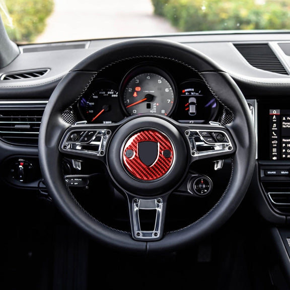 Car Carbon Fiber Steering Wheel Decorative Sticker for Porsche Macan 2014-2021, Left and Right Drive Universal (Red)