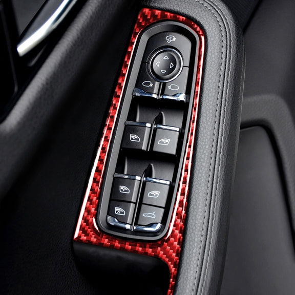 Car Carbon Fiber Window Buttons Panel Decorative Sticker for Porsche Macan 2014-2021, Left and Right Drive Universal (Red)