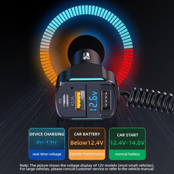 K4 Car 3 in 1 PD + USB Dual Port Fast Charger with Spring Data Cable