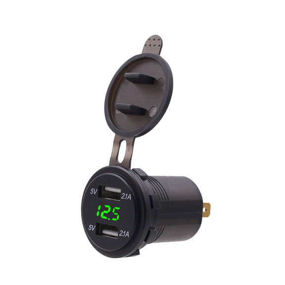 Universal Car Dual Port USB Charger Power Outlet Adapter 4.2A 5V IP66 with LED Digital Voltmeter + 60cm Cable(Green Light)