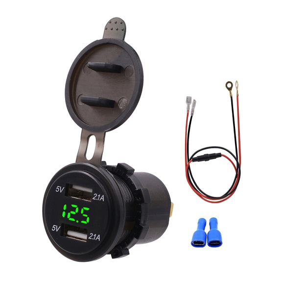 Universal Car Dual Port USB Charger Power Outlet Adapter 4.2A 5V IP66 with LED Digital Voltmeter + 60cm Cable(Green Light)