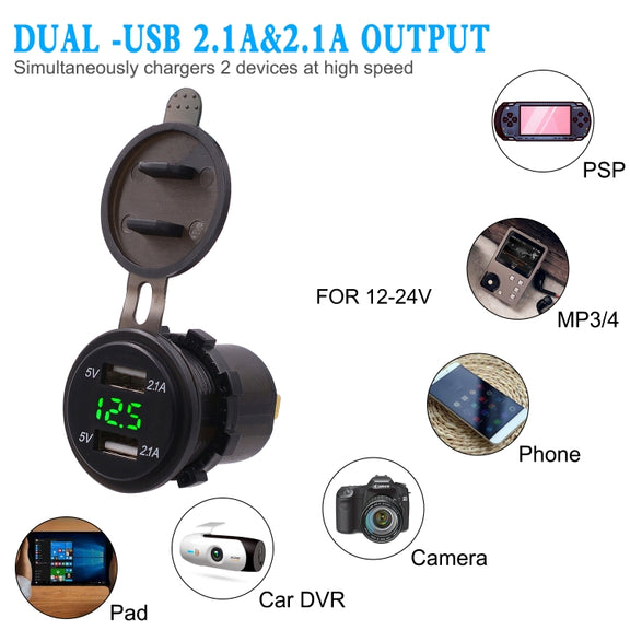 Universal Car Dual Port USB Charger Power Outlet Adapter 4.2A 5V IP66 with LED Digital Voltmeter + 60cm Cable(Green Light)