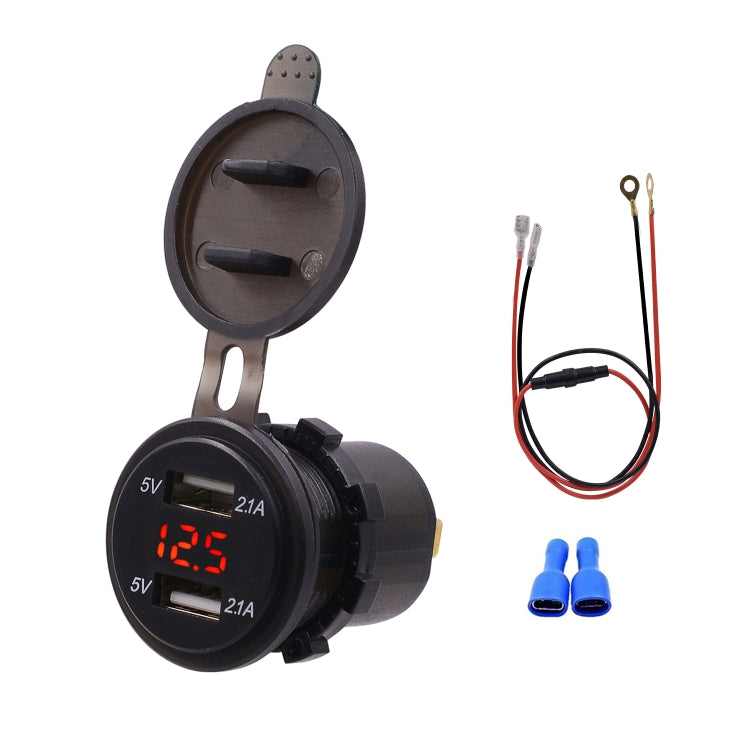 Universal Car Dual Port USB Charger Power Outlet Adapter 4.2A 5V IP66 with LED Digital Voltmeter + 60cm Cable(Red Light)