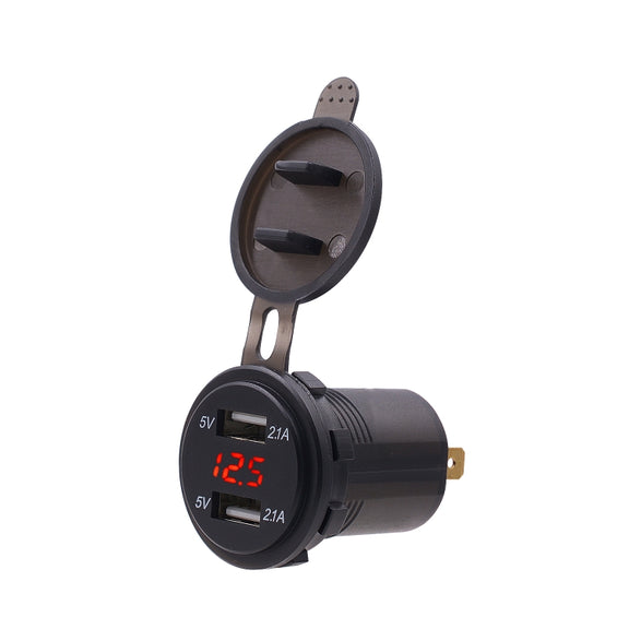 Universal Car Dual Port USB Charger Power Outlet Adapter 4.2A 5V IP66 with LED Digital Voltmeter + 60cm Cable(Red Light)