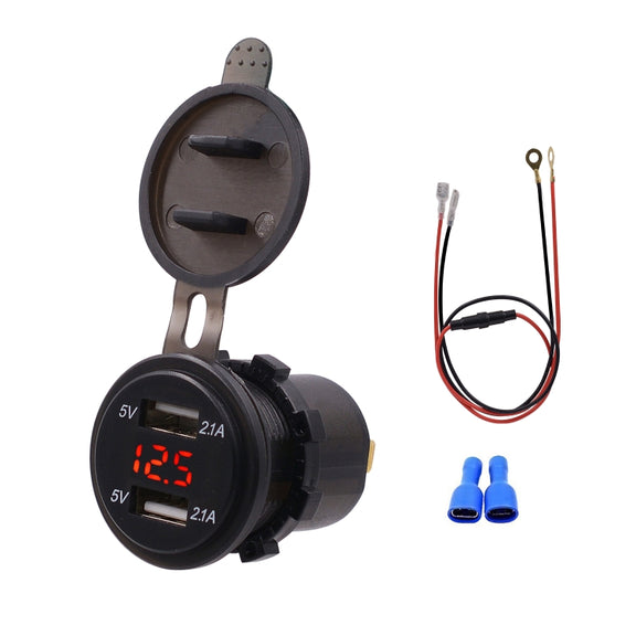 Universal Car Dual Port USB Charger Power Outlet Adapter 4.2A 5V IP66 with LED Digital Voltmeter + 60cm Cable(Red Light)