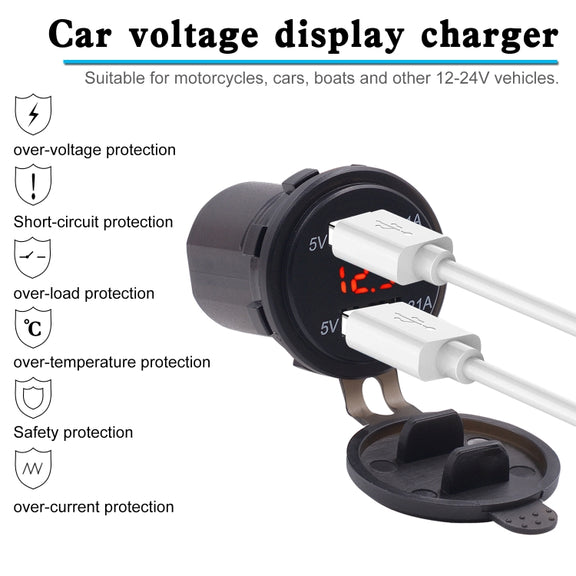 Universal Car Dual Port USB Charger Power Outlet Adapter 4.2A 5V IP66 with LED Digital Voltmeter + 60cm Cable(Red Light)