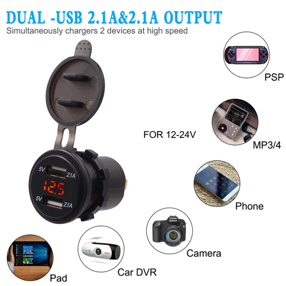 Universal Car Dual Port USB Charger Power Outlet Adapter 4.2A 5V IP66 with LED Digital Voltmeter + 60cm Cable(Red Light)