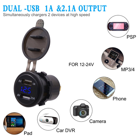 Universal Car Dual Port USB Charger Power Outlet Adapter 3.1A 5V IP66 with LED Digital Voltmeter + 60cm Cable(Blue Light)