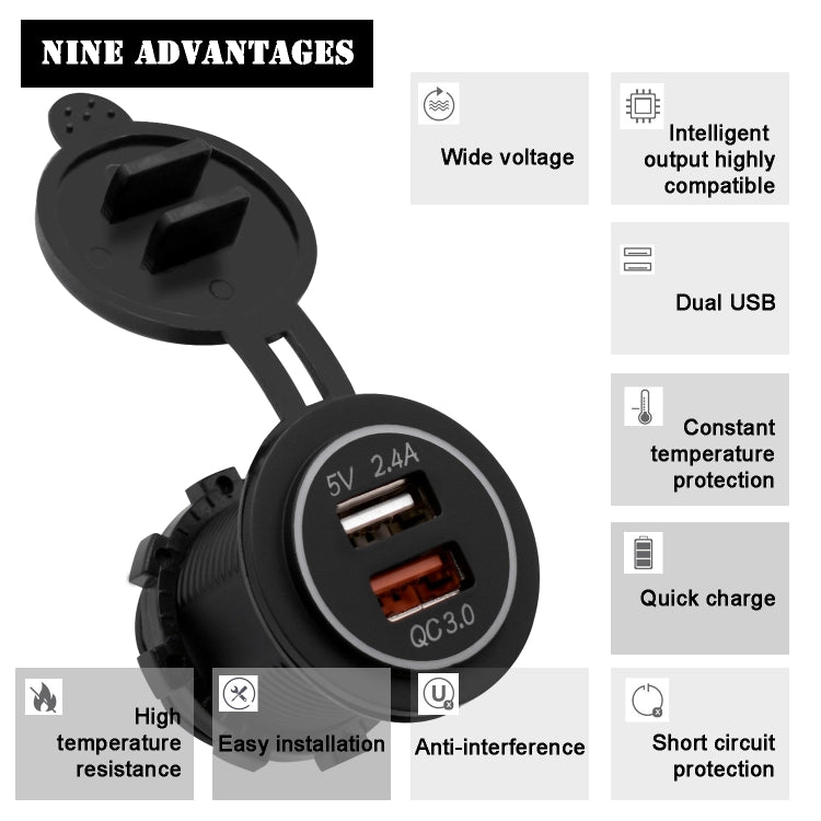 Universal Car QC3.0 Dual Port USB Charger Power Outlet Adapter 5V 2.4A IP66 with 60cm Cable(Blue Light)