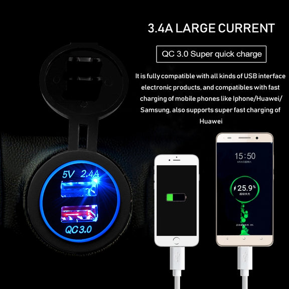 Universal Car QC3.0 Dual Port USB Charger Power Outlet Adapter 5V 2.4A IP66 with 60cm Cable(Blue Light)