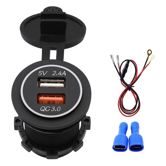 Universal Car QC3.0 Dual Port USB Charger Power Outlet Adapter 5V 2.4A IP66 with 60cm Cable(Red Light)