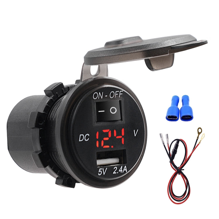 Universal Car Single Port USB Charger Power Outlet Adapter 2.4A 5V IP66 with LED Digital Voltmeter + Switch + 60cm Cable(Red Light)