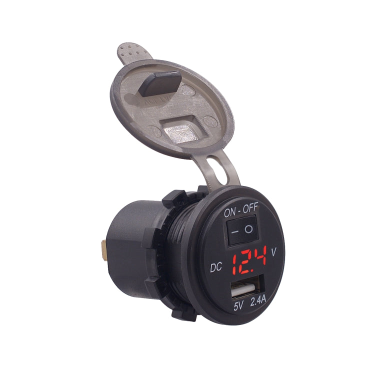 Universal Car Single Port USB Charger Power Outlet Adapter 2.4A 5V IP66 with LED Digital Voltmeter + Switch + 60cm Cable(Red Light)