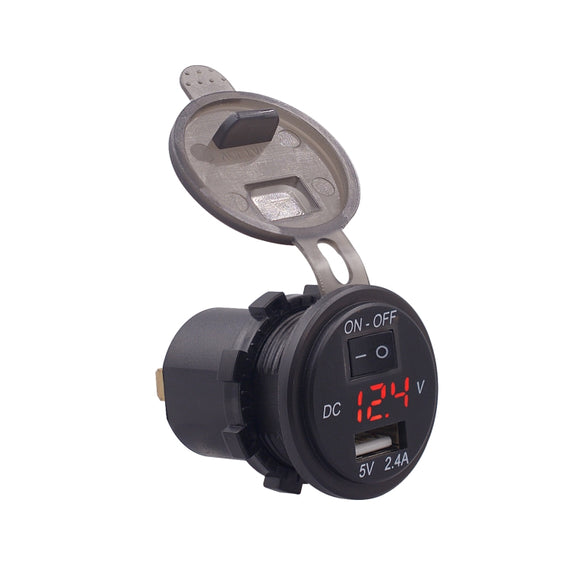 Universal Car Single Port USB Charger Power Outlet Adapter 2.4A 5V IP66 with LED Digital Voltmeter + Switch + 60cm Cable(Red Light)