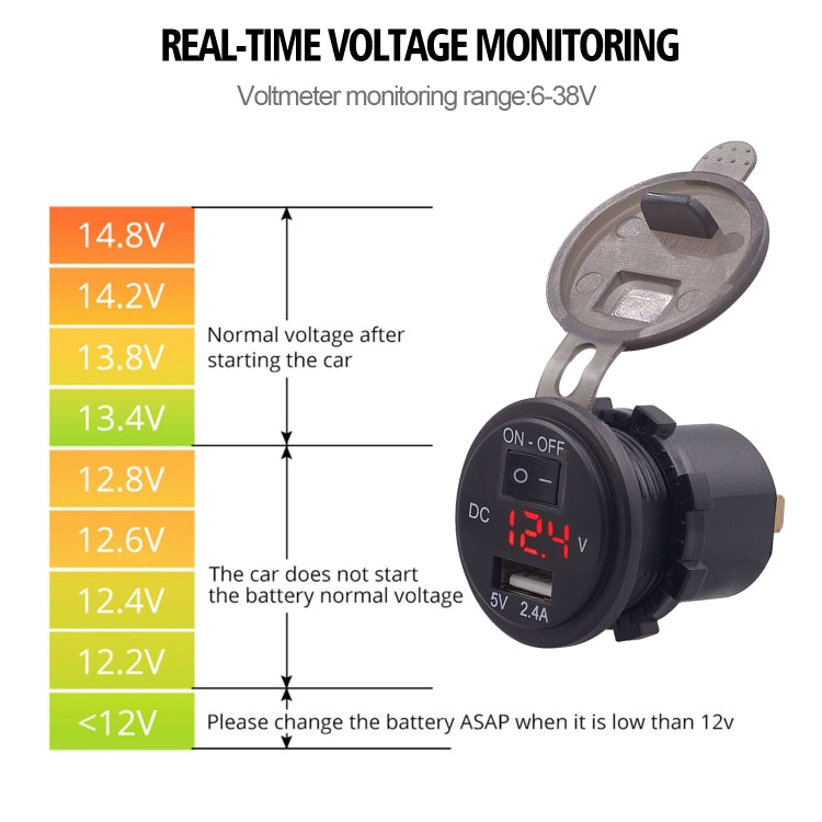Universal Car Single Port USB Charger Power Outlet Adapter 2.4A 5V IP66 with LED Digital Voltmeter + Switch + 60cm Cable(Red Light)