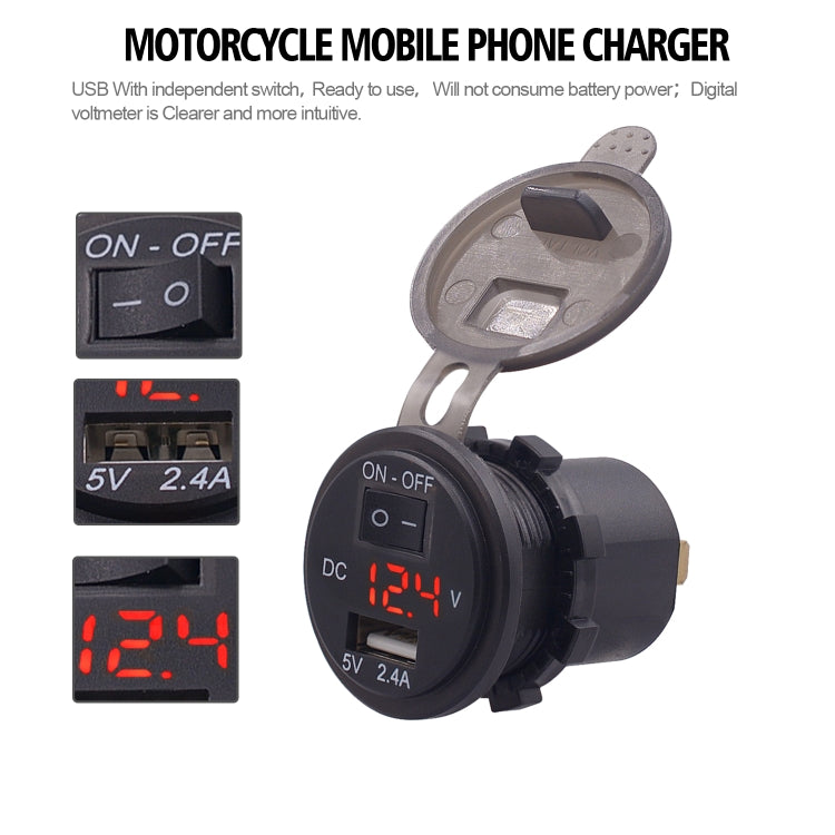 Universal Car Single Port USB Charger Power Outlet Adapter 2.4A 5V IP66 with LED Digital Voltmeter + Switch + 60cm Cable(Red Light)