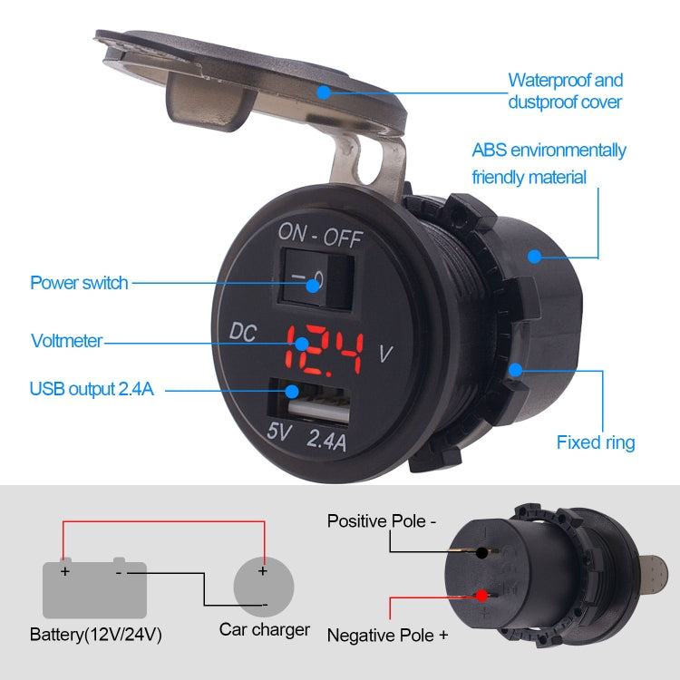Universal Car Single Port USB Charger Power Outlet Adapter 2.4A 5V IP66 with LED Digital Voltmeter + Switch + 60cm Cable(Red Light)