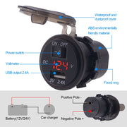 Universal Car Single Port USB Charger Power Outlet Adapter 2.4A 5V IP66 with LED Digital Voltmeter + Switch + 60cm Cable(Red Light)