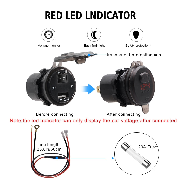 Universal Car Single Port USB Charger Power Outlet Adapter 2.4A 5V IP66 with LED Digital Voltmeter + Switch + 60cm Cable(Red Light)