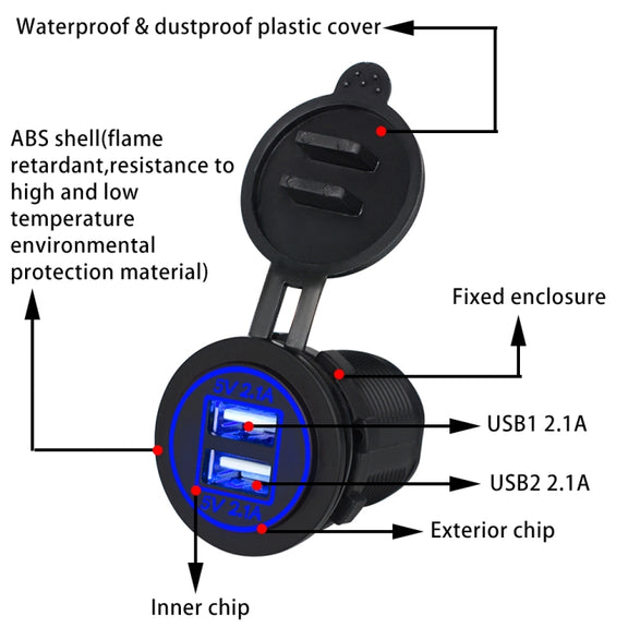 Universal Car Dual USB Charger Power Outlet Adapter 4.2A 5V IP66 with Aperture + 60cm Cable(Blue Light)