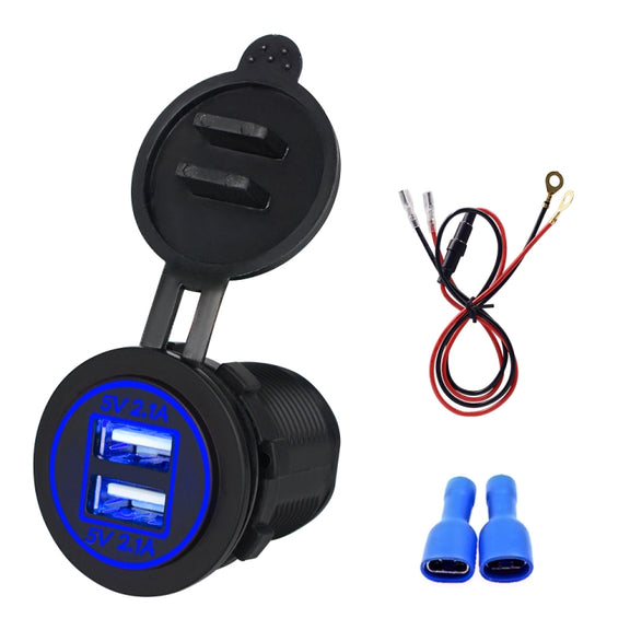 Universal Car Dual USB Charger Power Outlet Adapter 4.2A 5V IP66 with Aperture + 60cm Cable(Blue Light)