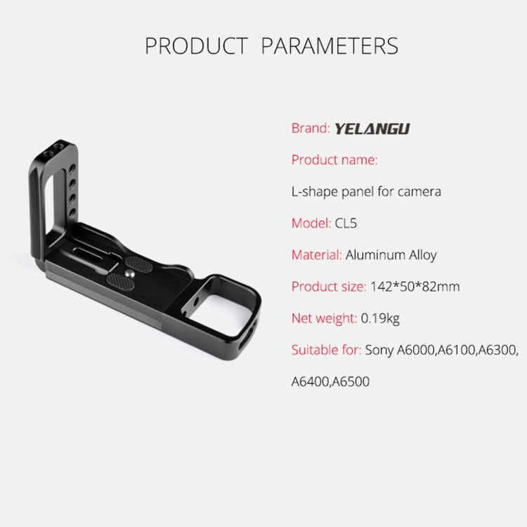 YELANGU YLG0715A 1/4 inch Vertical Shoot Quick Release L Plate Bracket Base Holder for Sony A6300 / A6000 / A6100 / A6400 / A6500 (Black)