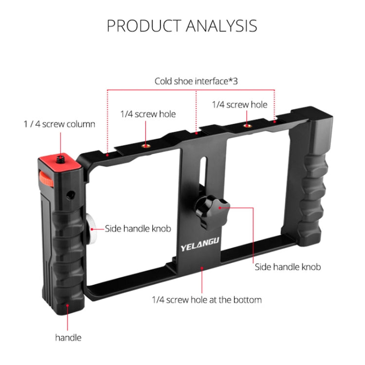 YELANGU PC02A Vlogging Live Broadcast Plastic Cage Video Rig Filmmaking Stabilizer Bracket for iPhone, Galaxy, Huawei, Xiaomi, HTC, LG, Google, and Other Smartphones(Black)